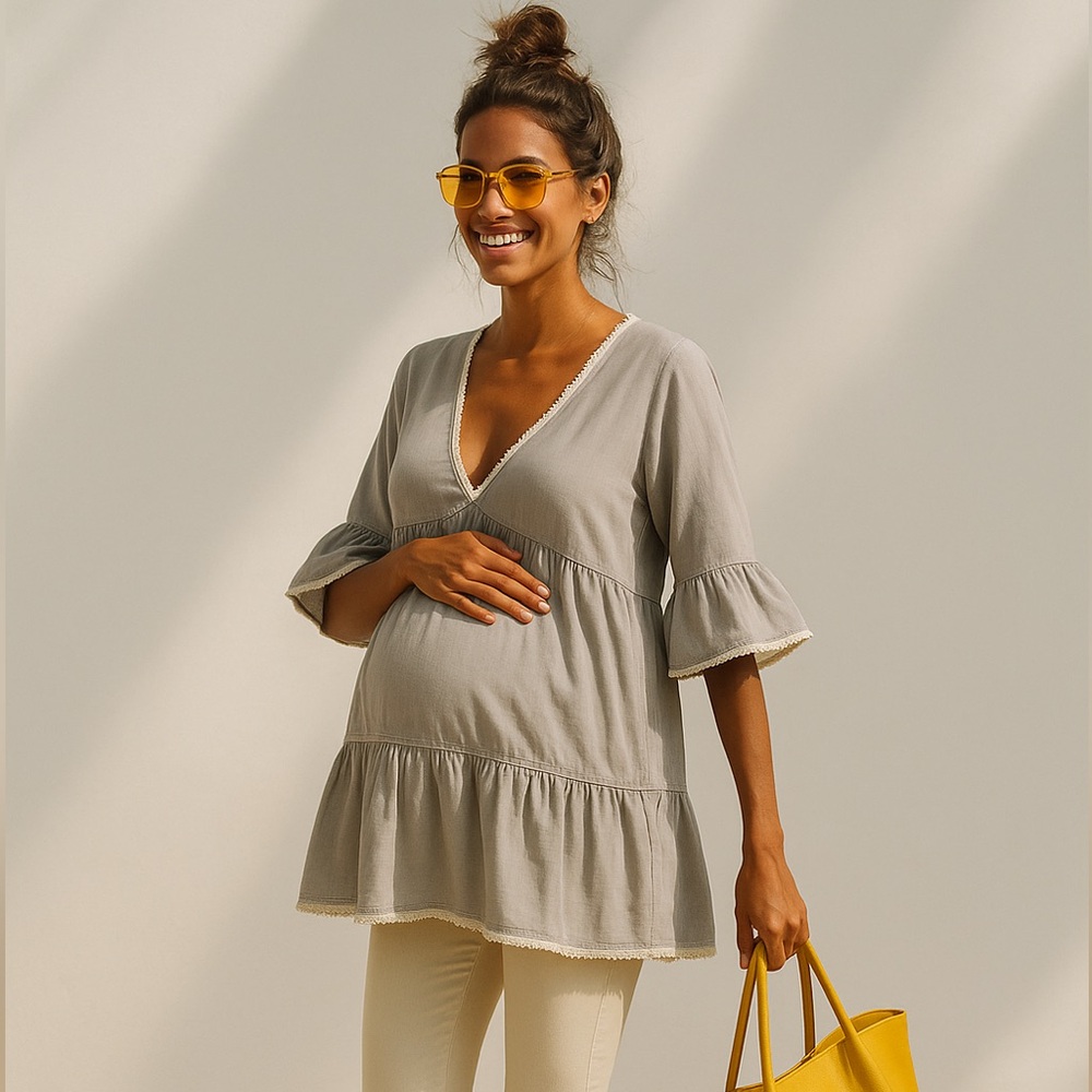 Organic Cotton Maternity Tunic Dress with Cotton Lace Trim- Non-toxic, Comfy - Picture 7 of 10